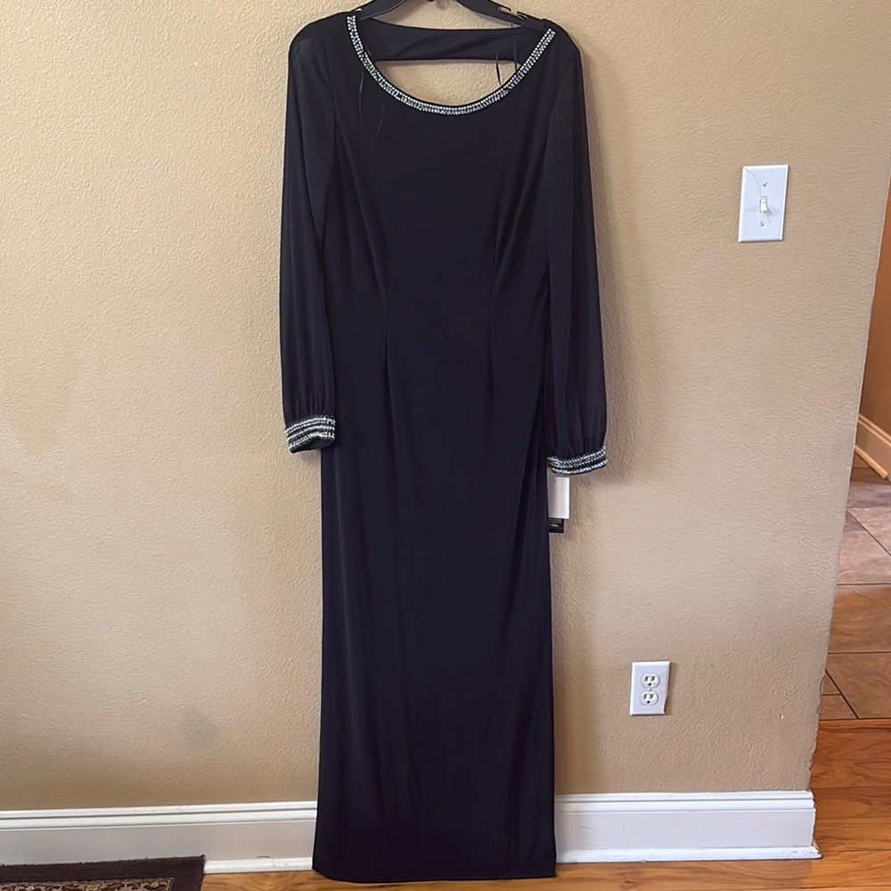 Alex Evenings Black Gown with Bishop Sleeves and Scoop Neck